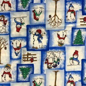 Snow Follies Snowman Print Blue Cotton Christmas Fabric Carol Ingram By the Yard